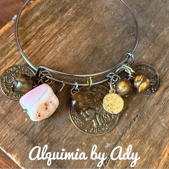 Alquimia Gold and Silver Charm Bracelet with Embossed Charms Tiger eye agate